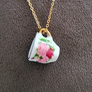 Teacup Necklace with Pink Roses and Dainty Golden Cable Chain
